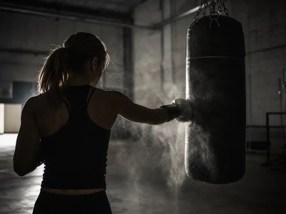 Dim gym with heavy punching bag evoking Linda Hamilton Sarah Connor transformation in Terminator 2 Judgment Day