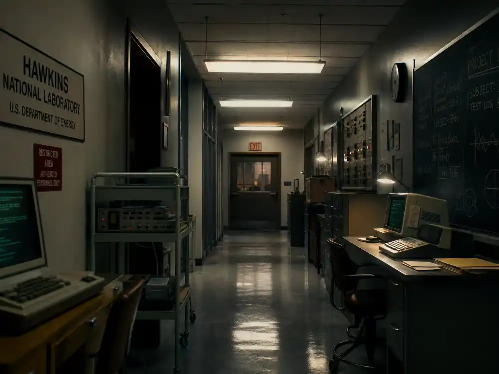 Retro 1980s government science laboratory corridor for Linda Hamilton Stranger Things Dr Kay role