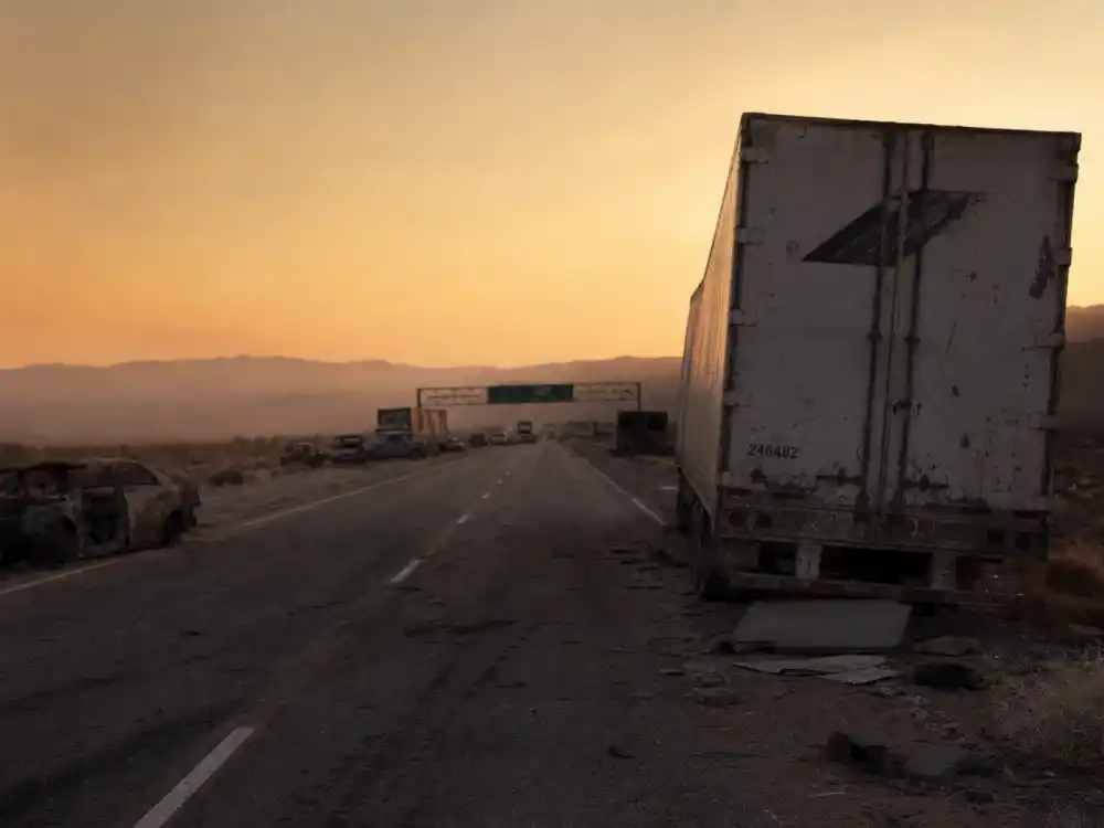 Desert highway at dusk with dust evoking Linda Hamilton return as Sarah Connor in Terminator Dark Fate 2019
