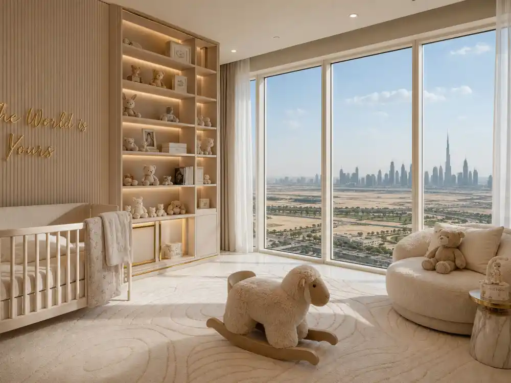 A luxury Dubai nursery with city views representing Lindsay Lohan marriage and motherhood in 2026