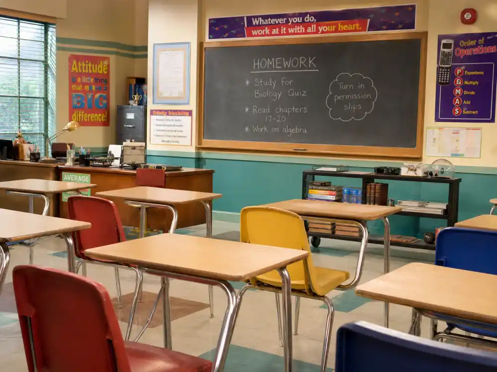 Bright Nickelodeon middle school classroom set for where is Lindsey Shaw now as Jennifer Moze Mosely on Ned's Declassified