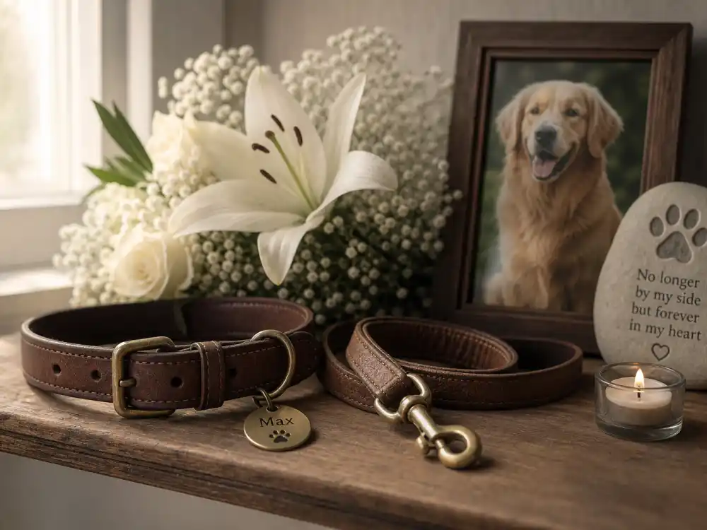 Dog collar memorial shelf with flowers for Lindsey Vonn baby announcement 2025 context — Lucy died March 2025 before Chance Vonn adoption per Parade reporting