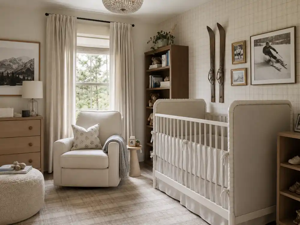 Empty aspirational nursery with tiny baby shoes for Lindsey Vonn baby announcement 2025 search intent — no verified human pregnancy per People and Us Weekly through mid-2026