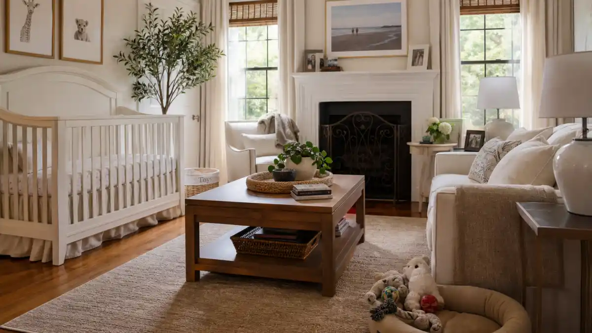 Lindsey Vonn baby announcement 2025 nursery hub — cream crib beside dog bed with puppy toys in a celebrity-style family living room