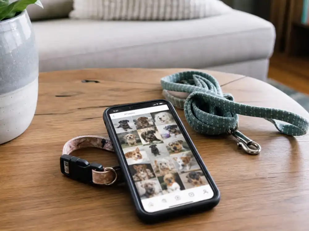 Phone beside dog collar on coffee table for Lindsey Vonn baby announcement 2025 Instagram carousel that introduced puppy Chance Vonn to fans worldwide