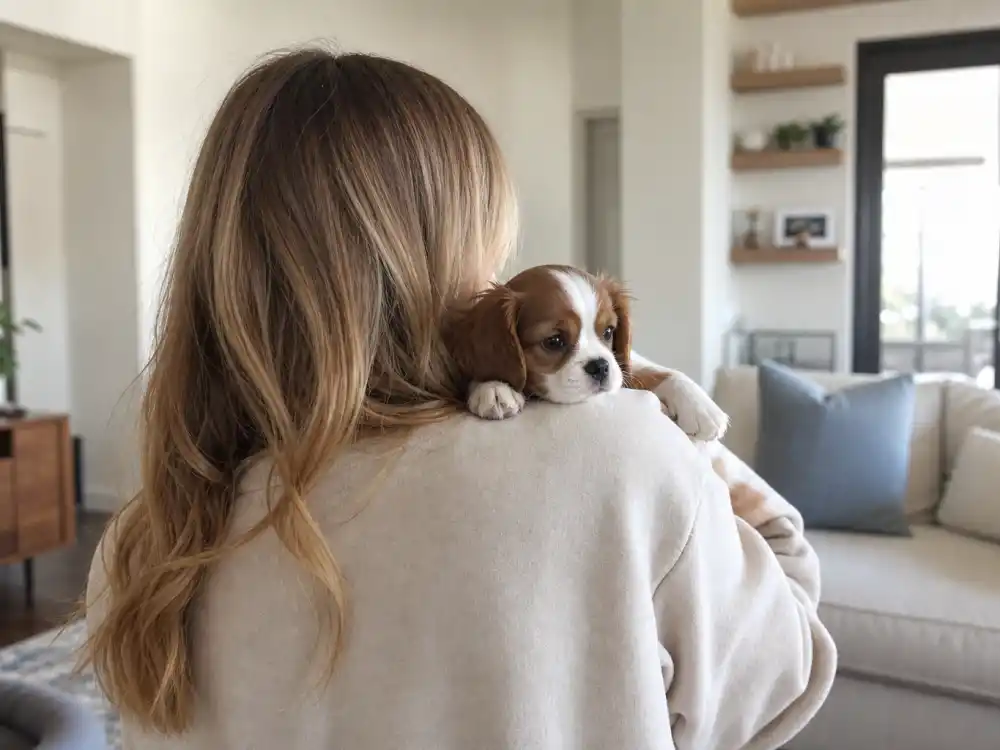 Woman from behind holding Cavalier King Charles Spaniel puppy for Lindsey Vonn baby announcement 2025 — the August 2025 Chance Vonn reveal fans mistook for pregnancy news