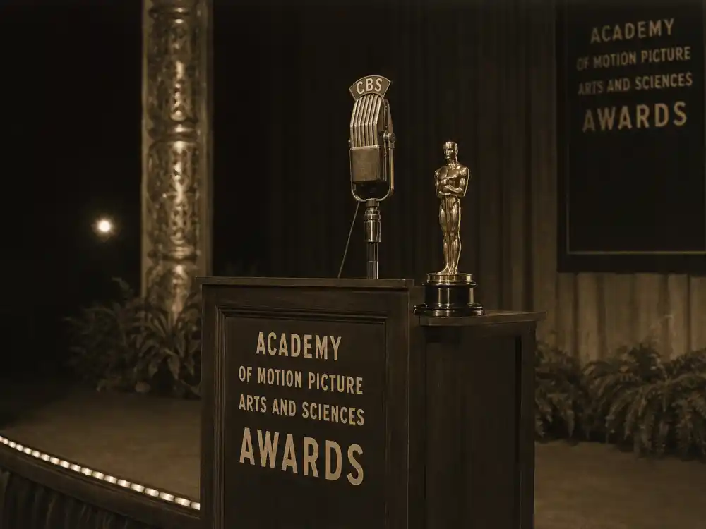 Vintage 1940s Oscar podium with ribbon microphone — Greer Garson 1943 Mrs. Miniver win anchors the longest acceptance speeches in history record