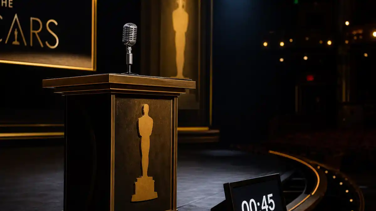 Longest acceptance speeches in history — Oscar podium with golden statuette silhouette, vintage microphone, and stage timer counting down speech seconds