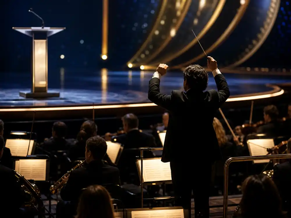 Orchestra pit at awards show raising play-off music cue — producers cut lengthy podium time that produced the longest acceptance speeches in history