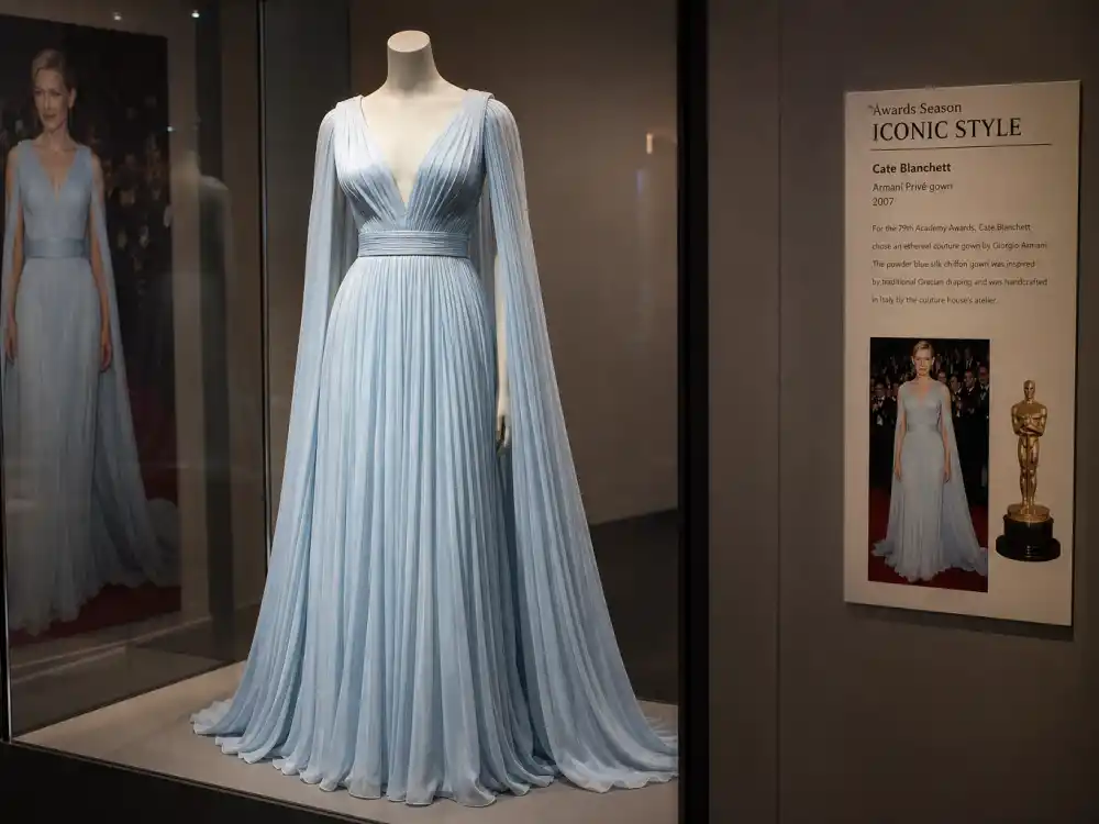 Fashion museum exhibition preserving the Lupita Nyongo blue Oscars gown legacy — powder blue pleated couture on gallery mannequin behind glass