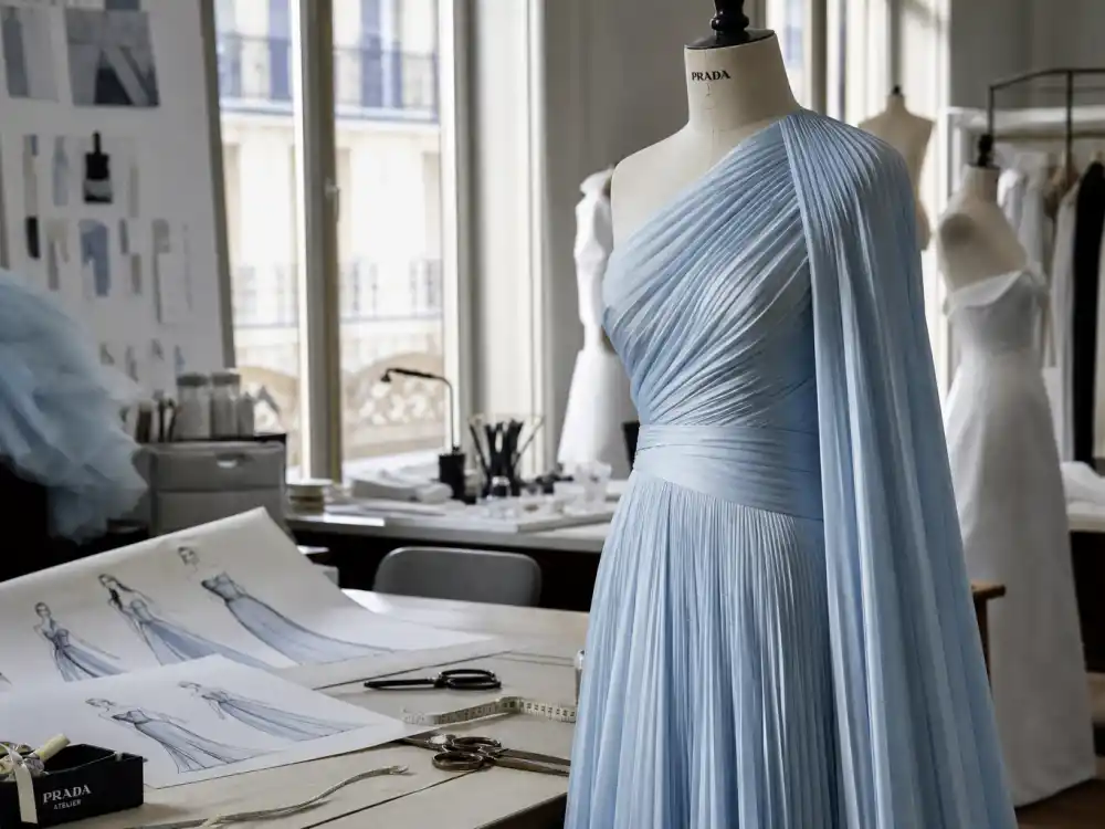 Prada atelier couture workroom behind the Lupita Nyongo blue Oscars gown — powder blue pleated silk on dress form with fashion sketches