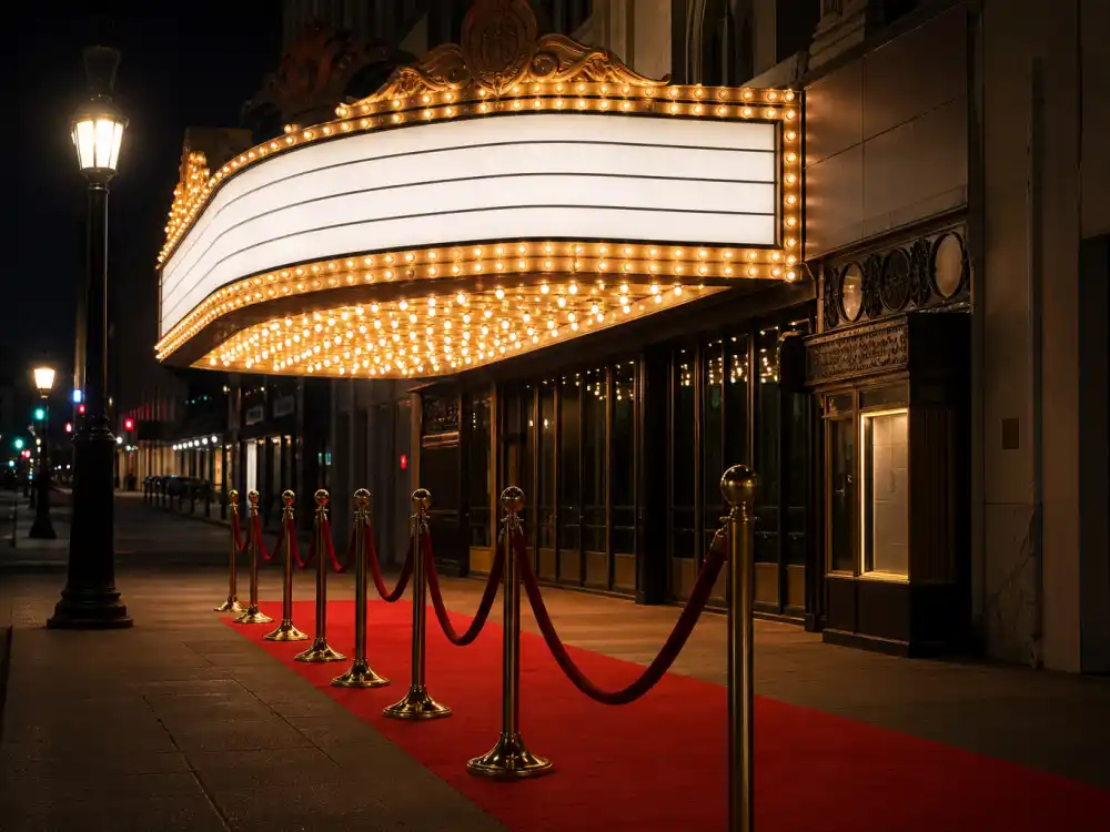 Movie theater marquee at night for what happened to M Night Shyamalan Sixth Sense blockbuster era