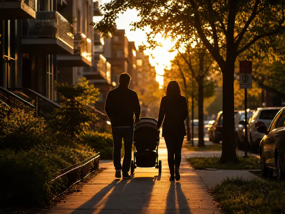 Anonymous couple silhouette with a stroller representing Macaulay Culkin family life with Brenda Song in 2026
