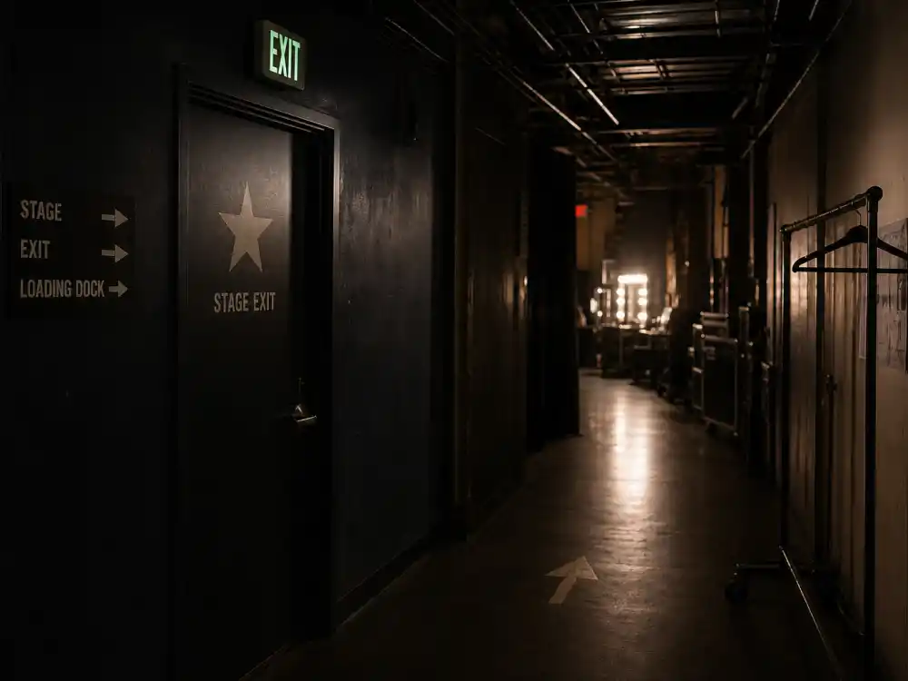 A dim backstage theater corridor representing how Macaulay Culkin stepped back from Hollywood acting