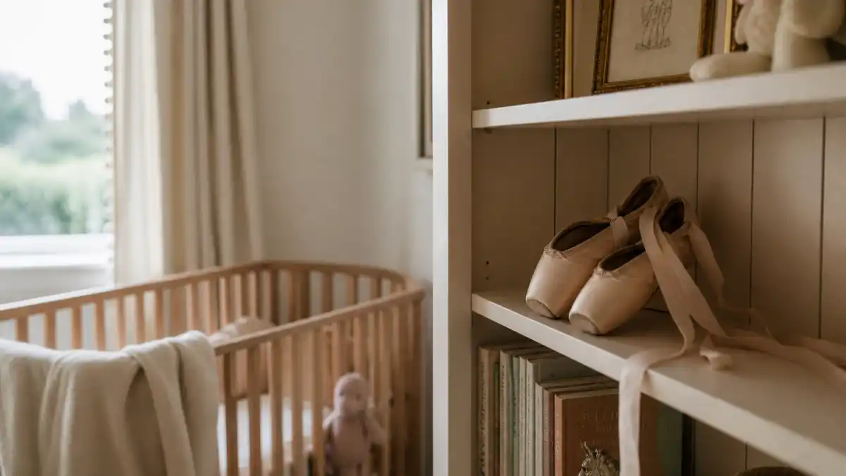 Mackenzie Ziegler baby announcement 2025 nursery hub — cream crib with pink ballet slippers on shelf in celebrity-style home