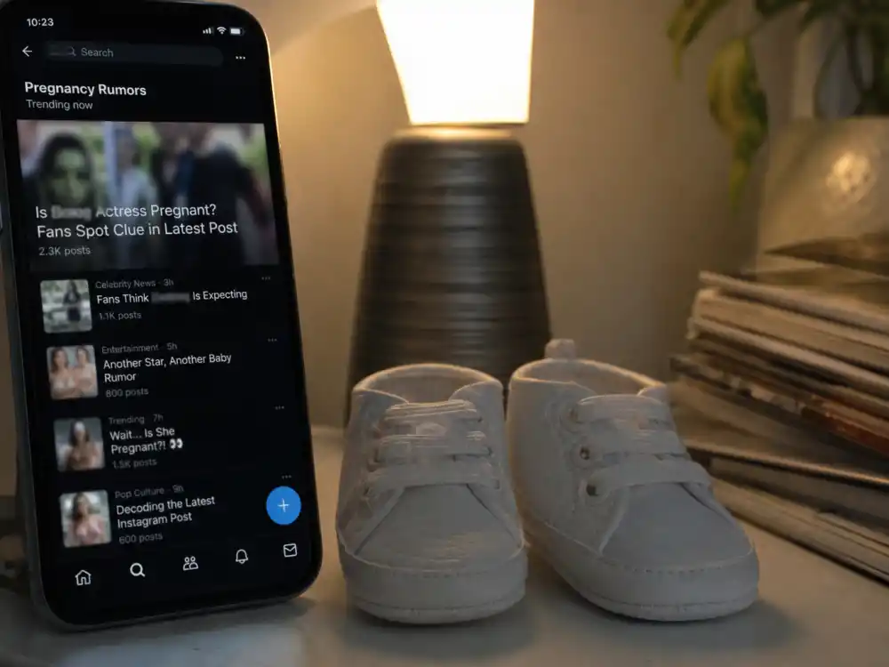 Smartphone with pregnancy rumor feed for Mackenzie Ziegler baby announcement 2025 TikTok search volume — no People or Us Weekly confirmation exists