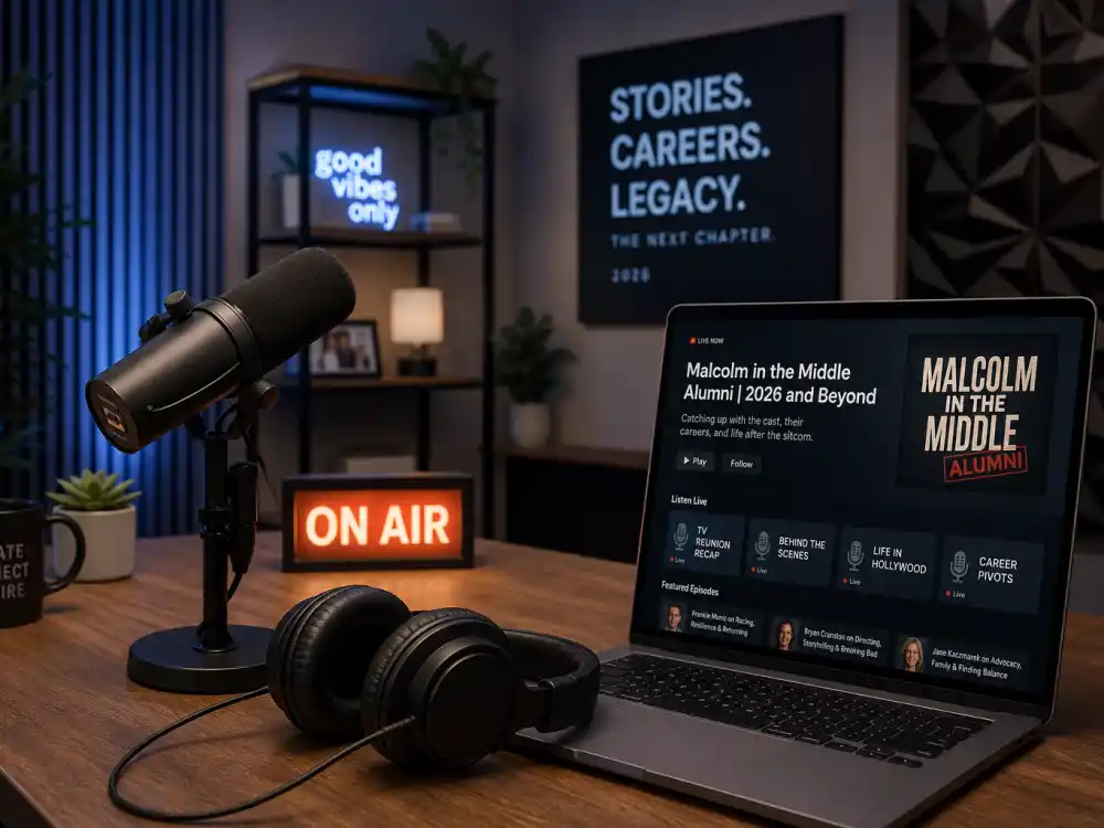 Modern podcast studio representing where the Malcolm in the Middle cast where are they now alumni work in 2026 media careers