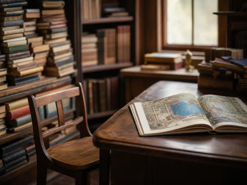 A cozy library of stacked books and a small chair evoking the Matilda role that made Mara Wilson a child star
