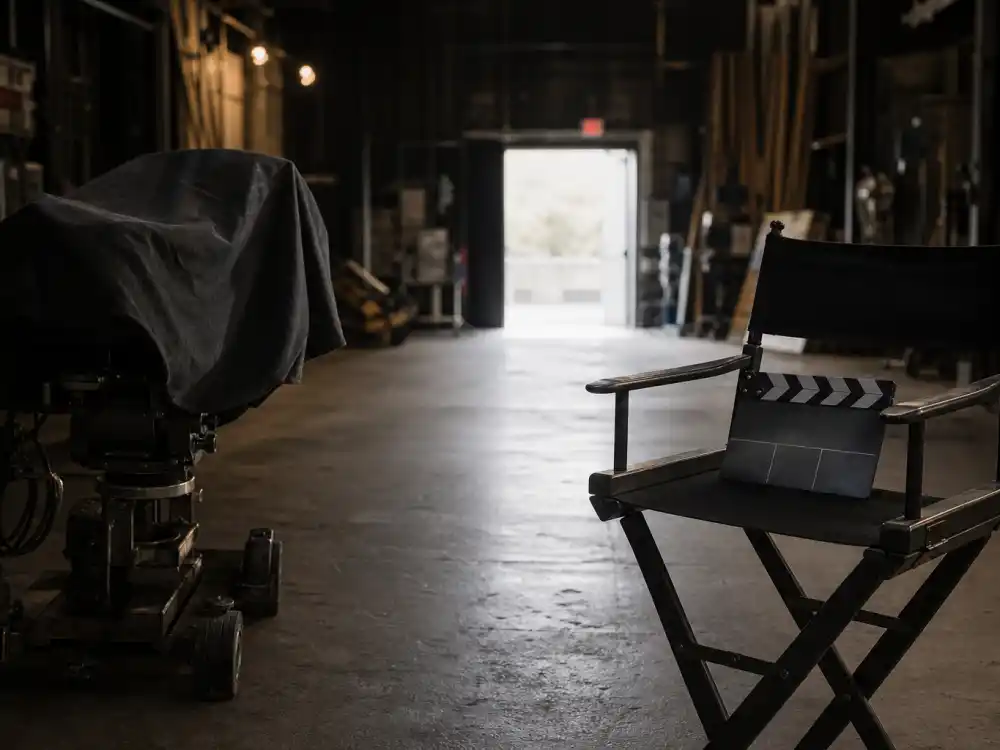 An empty film soundstage with an open door to daylight, symbolizing how Mara Wilson stepped away from acting by choice