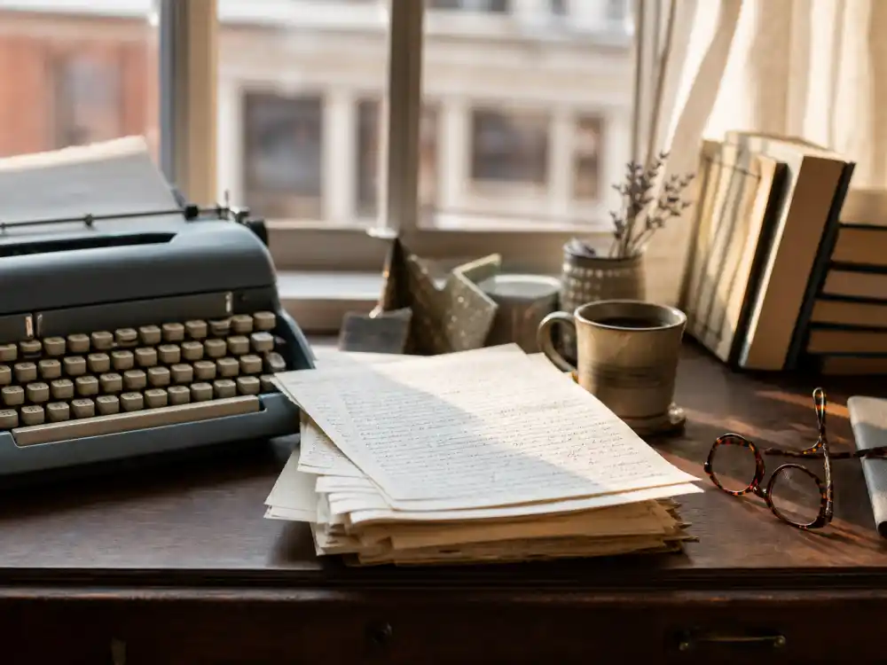 A writer's desk with a typewriter and manuscript pages, reflecting how Mara Wilson became an author and essayist
