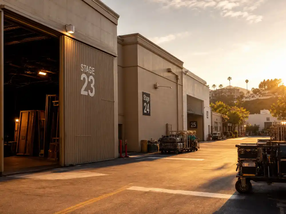 A Hollywood TV studio backlot symbolizing Mark-Paul Gosselaar transition beyond teen sitcom typecasting