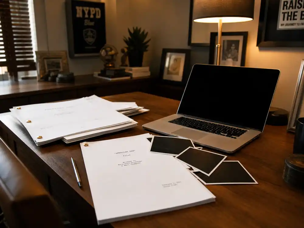 A modern home office with screenplay pages for Mark-Paul Gosselaar now as working actor and family man in 2026