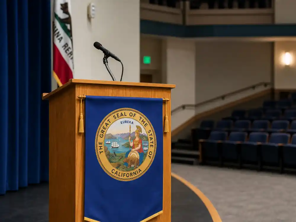 A high school auditorium podium evoking Mark-Paul Gosselaar return as Governor Zack Morris in the Peacock reboot