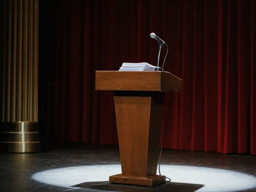 Vintage podium with prepared statement pages tied to why Marlon Brando declined Oscar and published his full protest afterward