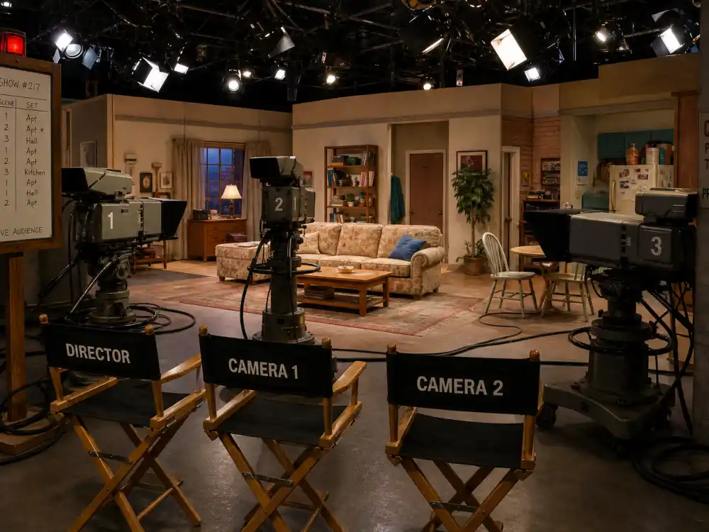1980s Fox sitcom soundstage with director chairs for the Married with Children cast where are they now peak era