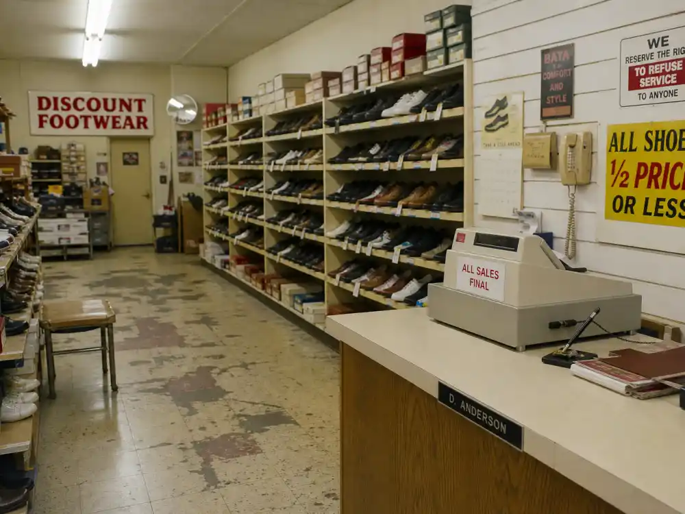 Discount shoe store interior evoking Gary's Shoes and the Married with Children cast where are they now Al Bundy workplace