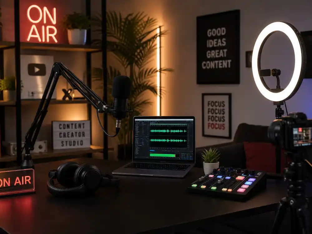 Modern podcast studio representing where the Married with Children cast where are they now alumni work in 2026 media careers