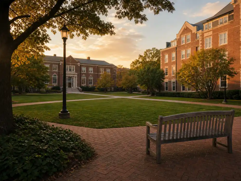 University campus quad at dusk for where is Mason Gamble now after leaving acting