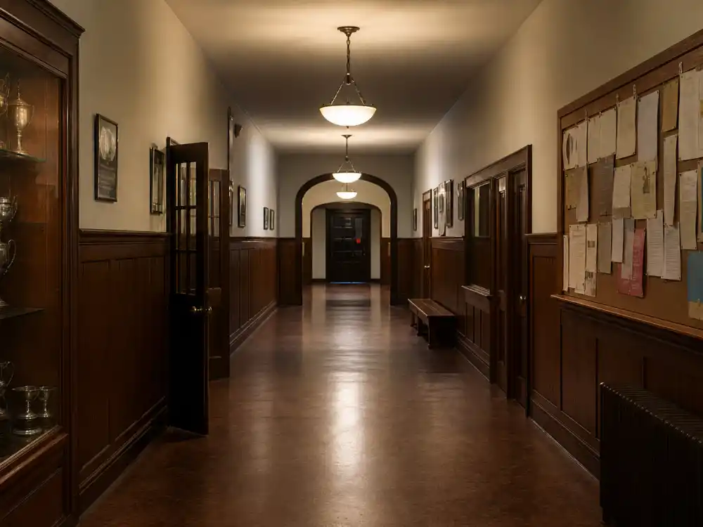 Prep school hallway for Mason Gamble Rushmore era as Dirk Calloway in 1998