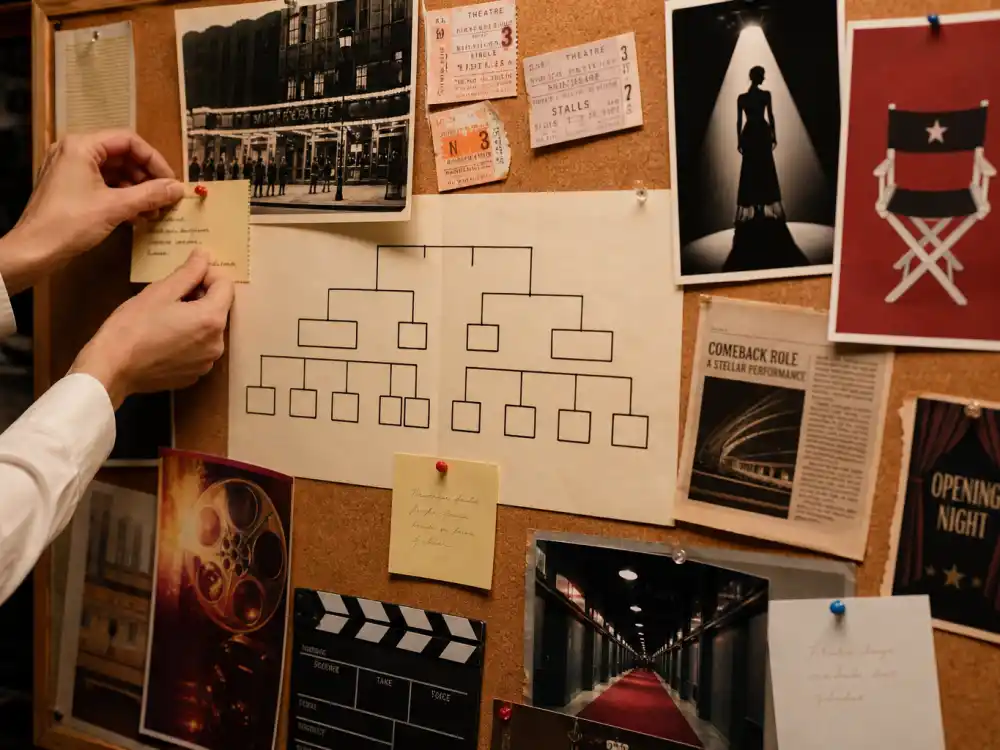 Hollywood family legacy cork board for Maya Hawke nepo baby career path Ethan Hawke Uma Thurman lineage acknowledged editorial without identifiable faces