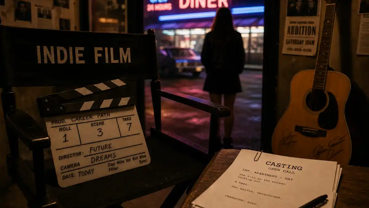 Maya Hawke nepo baby career path — indie film clapperboard with 1980s diner neon and acoustic guitar editorial career milestone without identifiable faces