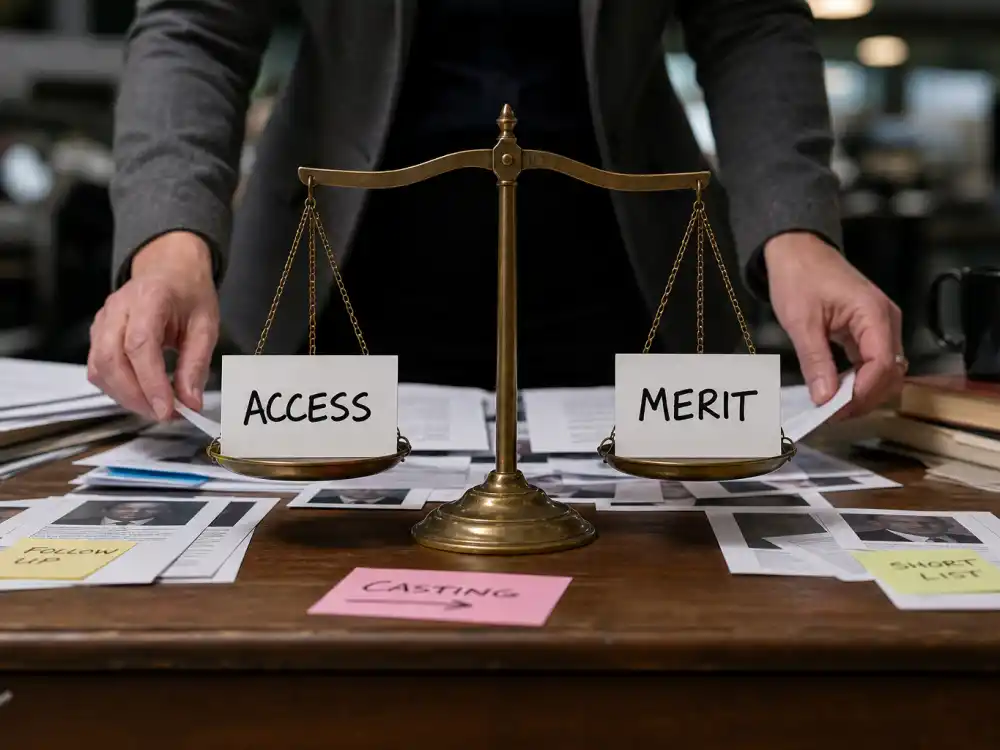 Access versus merit balance desk for Maya Hawke nepo baby career path balanced journalism editorial without identifiable faces