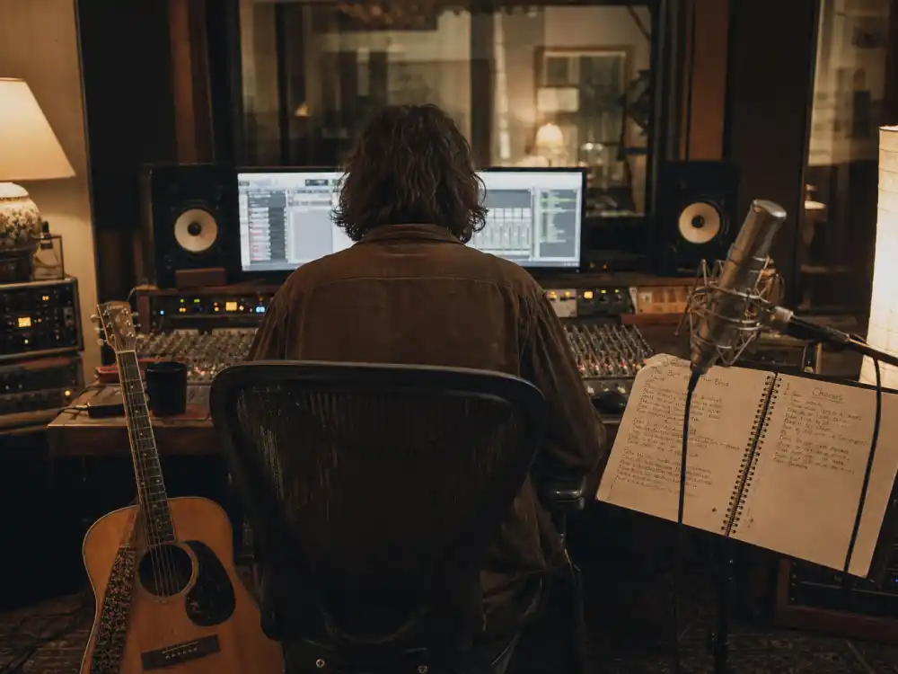Music recording studio with acoustic guitar for Maya Hawke nepo baby career path folk EP singles editorial from behind without celebrity faces