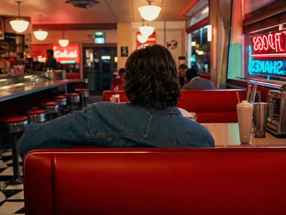 1980s retro diner booth from behind for Maya Hawke nepo baby career path Stranger Things Robin Buckley television arc editorial without identifiable faces