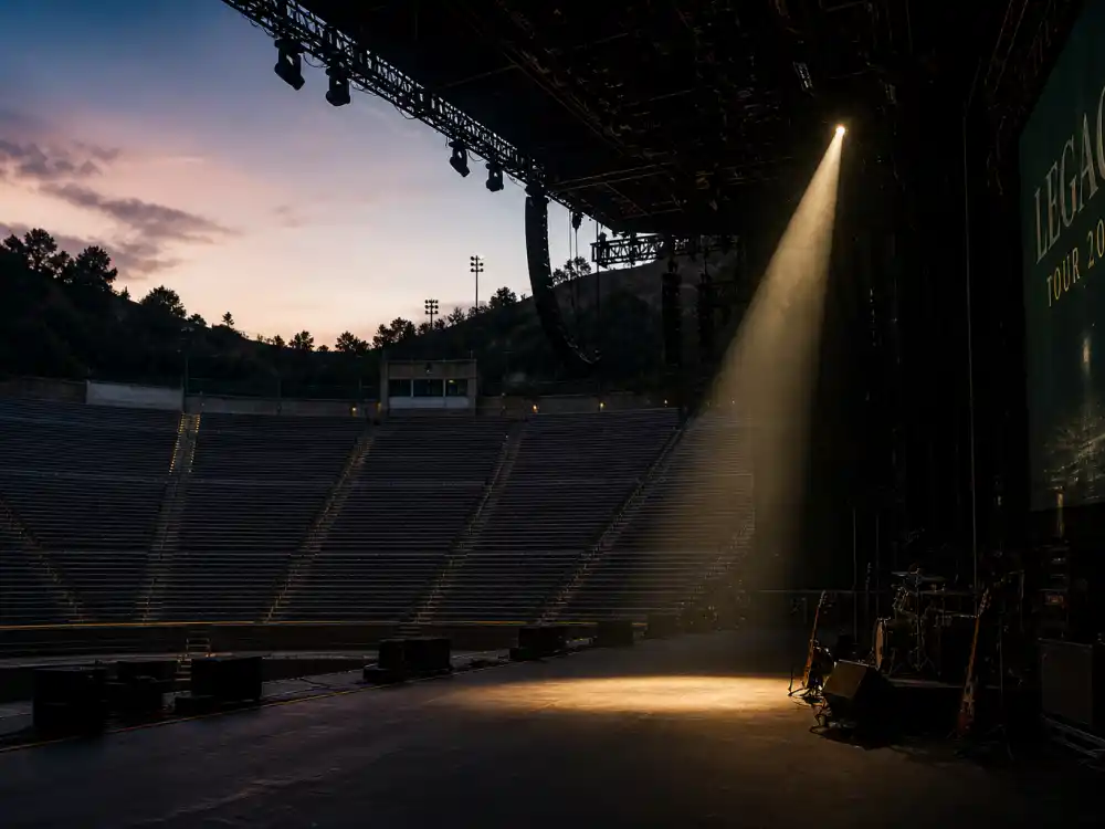 Empty amphitheater stage for what happened to MC Hammer now as a 90s hip-hop legacy act in 2026
