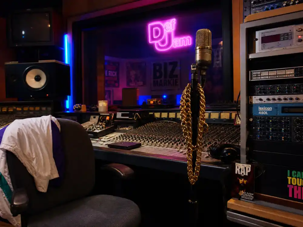 Early 1990s hip-hop studio with parachute pants for what happened to MC Hammer at Please Hammer Don't Hurt 'Em peak