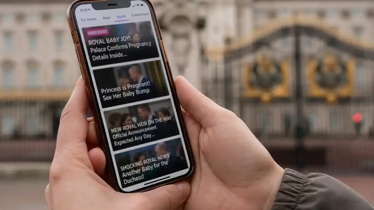 Meghan Markle pregnancy rumors fact check — hands scrolling smartphone royal pregnancy speculation headlines beside palace gates