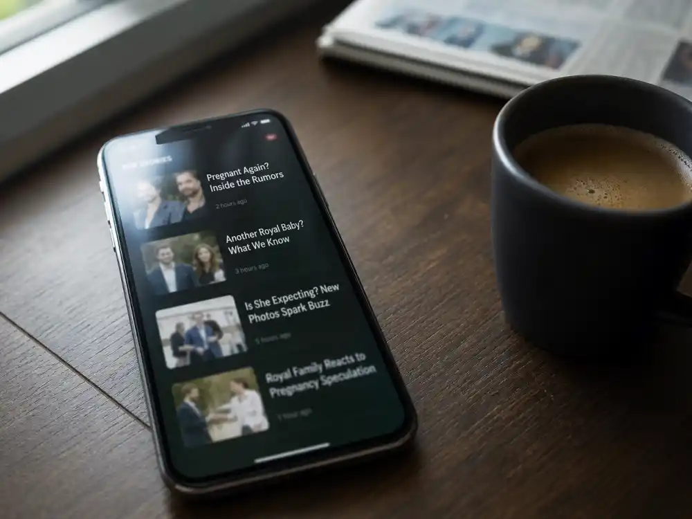 Smartphone with blurred tabloid feed for Meghan Markle pregnancy rumors fact check social media speculation desk