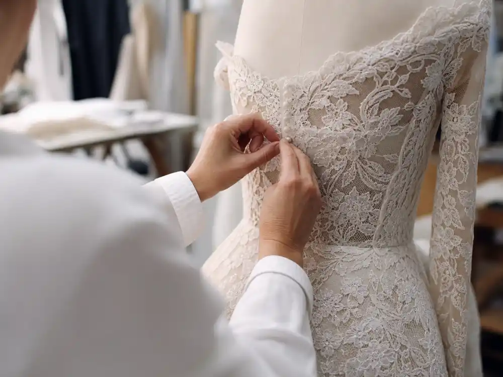 Couture hands adjusting lace bodice behind the scenes with Meghan Markle wedding dress designer atelier craftsmanship
