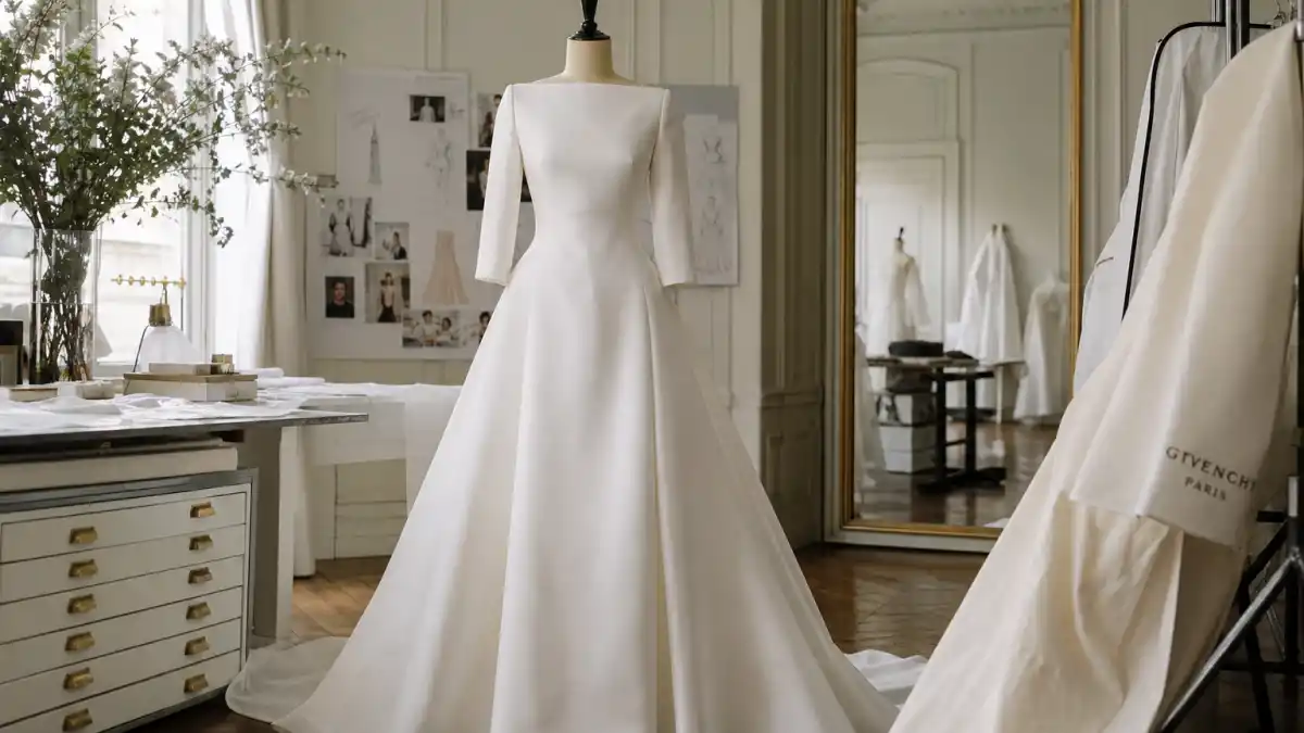 Meghan Markle wedding dress designer — ivory Givenchy boat-neck bridal gown on mannequin in Paris haute couture atelier