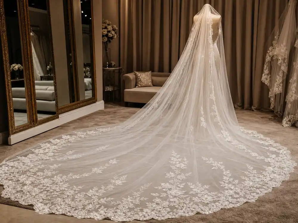 Sixteen-foot cathedral veil with Commonwealth floral embroidery designed for Meghan Markle wedding dress designer Givenchy commission