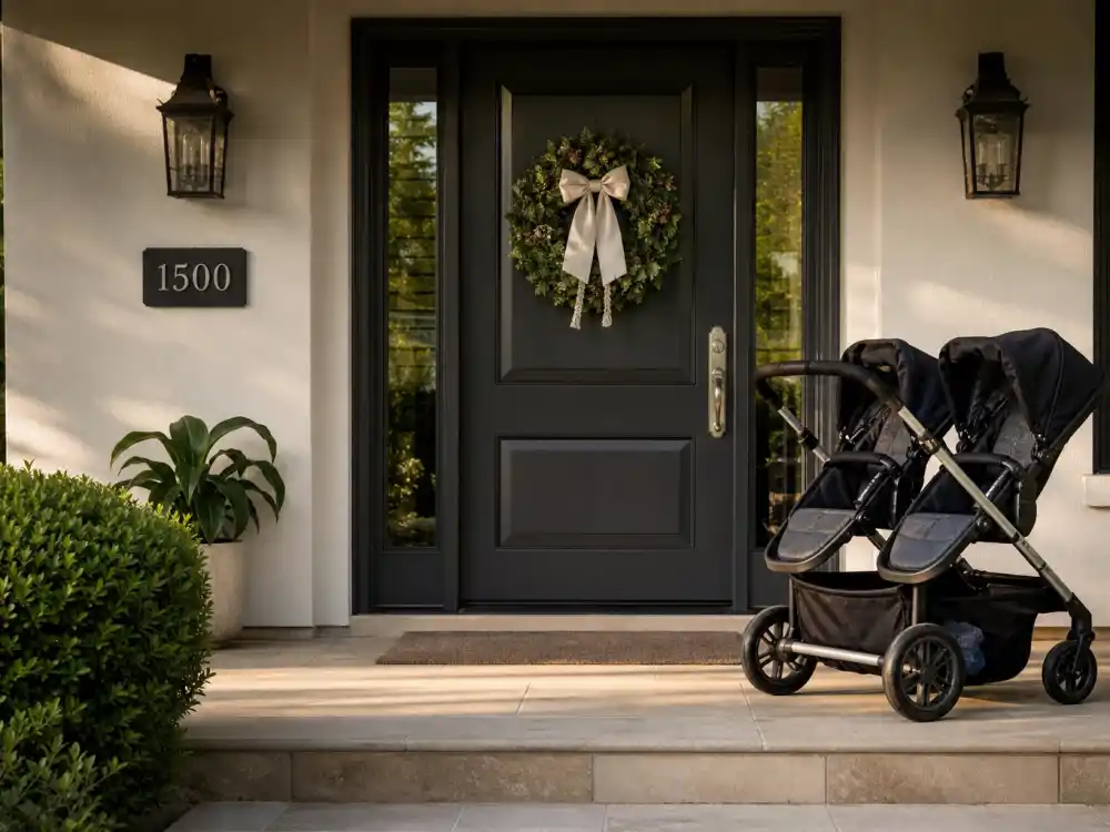 Suburban family home with welcome wreath and double stroller — Meghan Trainor baby announcement 2026 expands Riley and Barry into a family of five