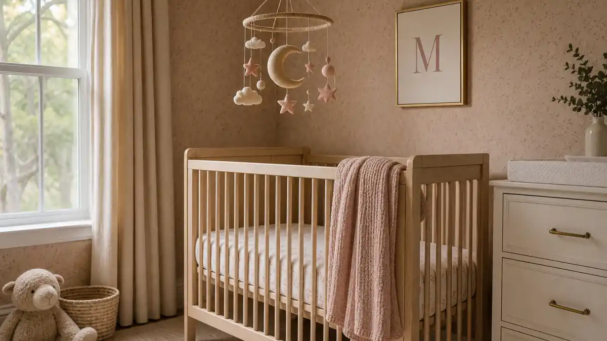 Meghan Trainor baby announcement 2026 nursery — cream crib with moon mobile and soft pink accents in a celebrity-style home