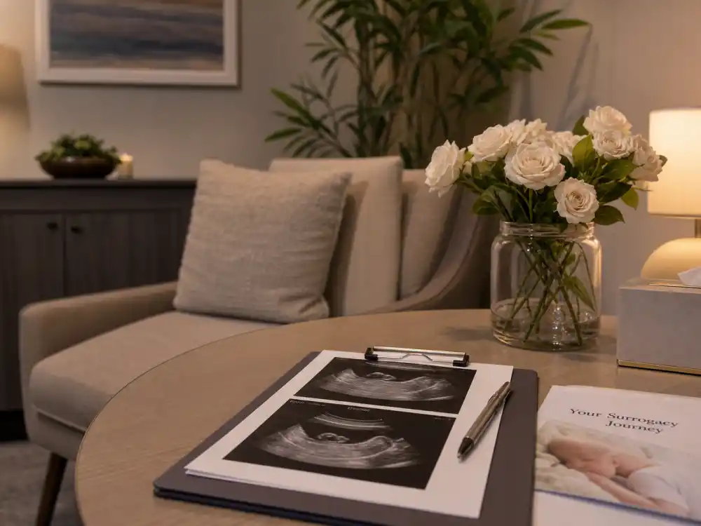 Medical consultation room with ultrasound notes — Meghan Trainor baby announcement 2026 surrogacy journey and doctor-guided family planning