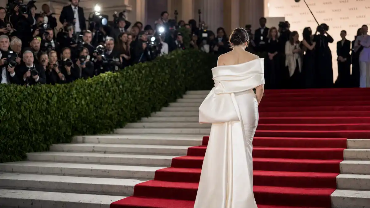 Met Gala 2026 best and worst dressed — anonymous guest from behind in sculptural white couture ascending Metropolitan Museum steps on May 4 red carpet