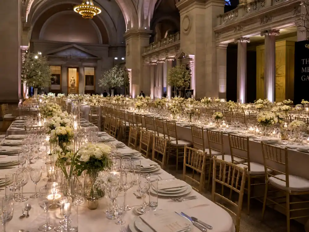 Metropolitan Museum Great Hall banquet setup for Met Gala 2026 guest list dinner after red carpet arrivals